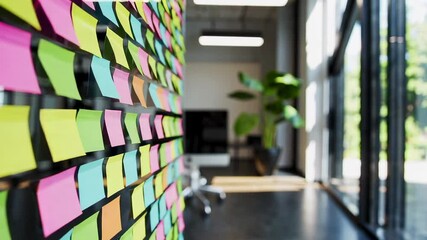 Aufkleber - Modern office environment features a glass wall covered in colorful sticky notes, suggesting brainstorming and project management activities