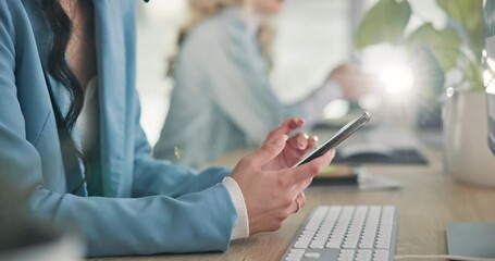 Poster - Texting, hands and employee with smartphone, office and networking with contact, online and social media. Closeup, browsing and person with mobile for communication, typing and tech in business