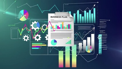 Poster - Colorful growing charts, statistics, and data analysis elements dynamically visualizing successful business strategies floating against dark gradient background