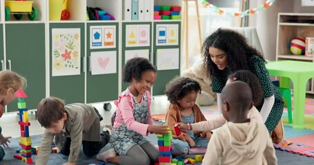 Poster - Teacher, children and play with blocks in class for learning, problem solving and creative activity. Woman, kids and building toys for education game, puzzle solution and motor growth in kindergarden