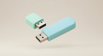 Poster - Pastel USB Drives Floating in a Minimalist Studio Composition for Data Storage
