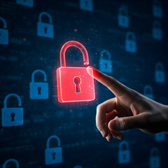 Poster - Cybersecurity Breach: A hand hovers over a glowing red unlocked padlock, surrounded by numerous locked padlocks, symbolizing a vulnerability in online security.