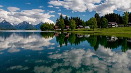 Aufkleber - Pristine alpine lake mirroring a picturesque village, lush green forests, and snow capped mountains under a vibrant blue sky dotted with fluffy white clouds, creating a serene and idyllic landscape