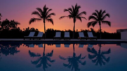 Aufkleber - Orange and purple sunset sky reflected on the surface of a calm swimming pool with silhouettes of palm trees and empty lounge chairs in a luxury resort
