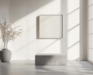 Poster - A large white wall with an empty square frame on it, a gray stone pedestal in the center of the room, a blank canvas hanging from above, a soft light illuminating the space, a minimalist art gallery 