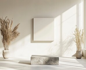 Poster - A large white wall with an empty square frame on it, a gray stone pedestal in the center of the room, a blank canvas hanging from above, a soft light illuminating the space, a minimalist art gallery 