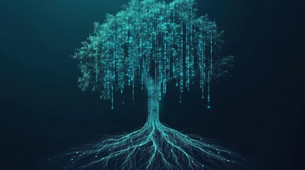 Aufkleber - Digital Tree with Glowing Binary Code and Illuminated Roots