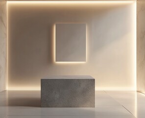 Poster - A large white wall with an empty square frame on it, a gray stone pedestal in the center of the room, a blank canvas hanging from above, a soft light illuminating the space, a minimalist art gallery 