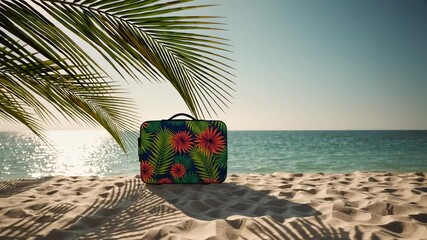 Aufkleber - Pristine white sandy shoreline featuring swaying palm tree and vibrant suitcase against bright sunlight, embodying idyllic tropical vacation atmosphere