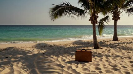 Aufkleber - Vintage brown leather suitcase resting on pristine white sand beach, nestled near turquoise waters and casting shadow beneath swaying palm trees