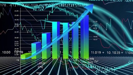 Aufkleber - Colorful 3d bar graph representing financial growth, displaying increasing values with dynamic market data and upward pointing arrow