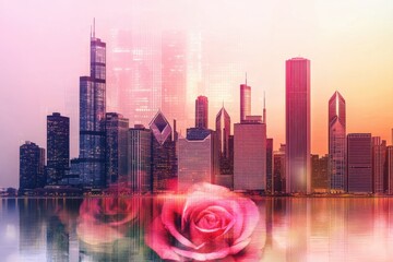 Poster - Modern city skyline with overlay of polling chart data illustrating political analysis trends and insights