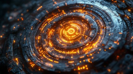 Poster - Futuristic glowing concentric circles with orange lights, resembling a high-tech computer interface or digital circuitry