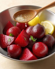 Poster - Adding horseradish to a vibrant beetroot salad in a cozy kitchen setting with warm lighting