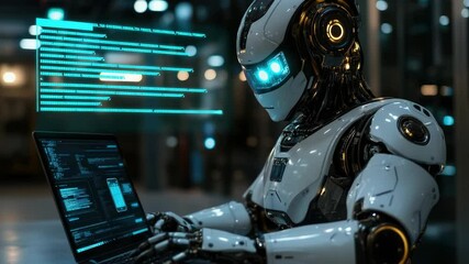 Poster - Futuristic humanoid robot working on multiple high-tech computer screens in a modern AI research center,demonstrating machine intelligence, deep learning,cybernetic progress in artificial intelligence