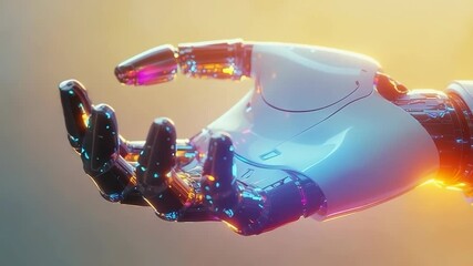 Poster - Futuristic robotic hand with glowing fingertip, symbolizing artificial intelligence, advanced technology, and human-machine interaction in a high-tech environment with blurred background