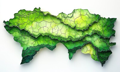 green layered map of region; environmental study; white background; infographic use