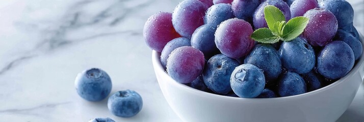 Poster - Fresh blueberries piled high in a bowl on a white marble counter surrounded by natural light