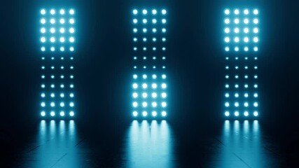 Poster - Bright blue flash lights. Empty studio space with vibrant illumination. Abstract stage with blinking spotlight animation. Night club decoration. Seamless loop.
