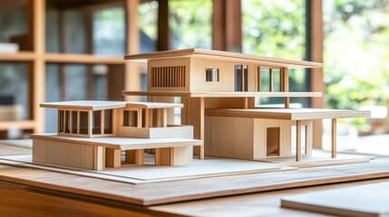 Poster - Modern Wooden Architectural Model Displayed in Bright Interior Space