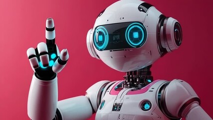 Poster - Futuristic humanoid AI robot with glowing cybernetic head and long hair, representing artificial intelligence and advanced robotics in a futuristic concept. Red background