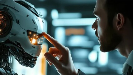 Poster - Human and humanoid robot facing each other in an advanced artificial intelligence research lab,symbolizing the future of AI-human interaction, robotics,ethical considerations in technology development