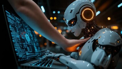 Poster - Futuristic humanoid robot working on multiple high-tech computer screens in a modern AI research center,demonstrating machine intelligence, deep learning,cybernetic progress in artificial intelligence