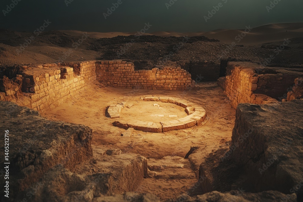 Illuminated ruins of an ancient circular structure in the desert. Stock ...