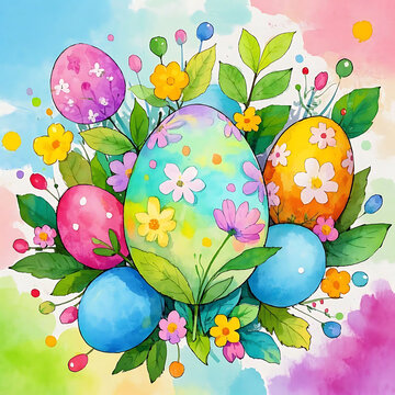Easter eggs, colorful, watercolor, floral elements,