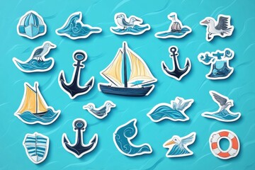 Leinwandbilder - Nautical sticker pack featuring ships, anchors, waves, and seagulls on a sea blue background for decorative projects