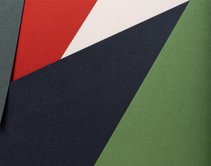 Poster - Paper background with matte texture. Layered geometric sheets in crimson red, pastel green, soft beige, champagne, navy, and deep black tones, bold elegant contrast, stylish contemporary composition..