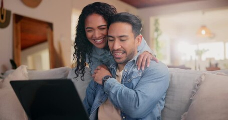 Aufkleber - Hug, laughing and laptop with couple on sofa in living room of home together for remote work. Computer, smile or streaming with happy man and woman in apartment for bonding, relax or wellness
