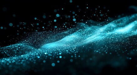 Wall Mural - Abstract blue particle wave with sparkling dust on black background