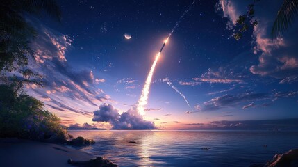 Aufkleber - Conceptual illustration of rocket launch with detailed flame and trail against night sky