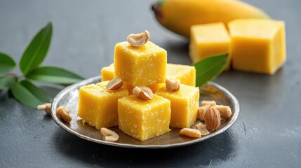 Poster - Cubes of golden mango burfi with nut garnish arranged on classic metal plate for Indian festive vibe