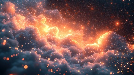 Wall Mural - Glowing embers illuminate dark clouds against a starry backdrop