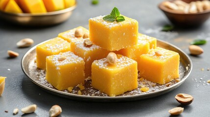 Poster - Cubes of golden mango burfi with nut garnish arranged on classic metal plate for Indian festive vibe