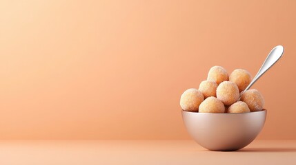 Poster - Delicious round laddus placed neatly in silverware bowl against minimal peach color backdrop