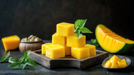 Poster - Freshly made mango burfi squares set on antique tray with rich textures and ethnic charm