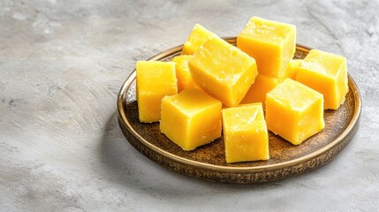Aufkleber - Mango burfi cubes arranged on vintage bronze plate with soft shadows, traditional Indian dessert styling