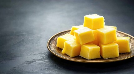 Aufkleber - Mango burfi cubes arranged on vintage bronze plate with soft shadows, traditional Indian dessert styling