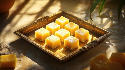 Poster - Mango burfi sweets neatly aligned on vintage tray with ethnic tablecloth and subtle warm lighting