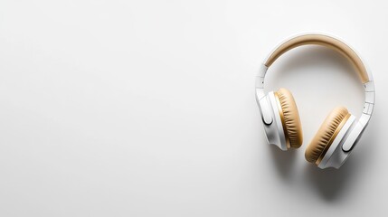 Poster - Stylish tech: wireless headphones in white and beige, top-down perspective on white