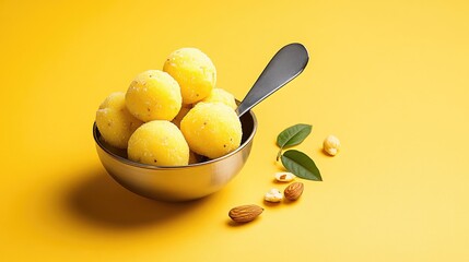 Poster - Sweet laddus with hints of saffron and nuts inside a silver bowl placed on peach flat-lay setup