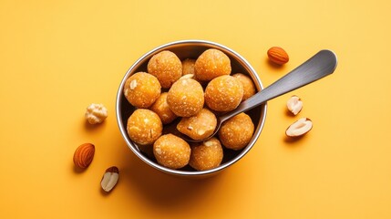 Poster - Sweet laddus with hints of saffron and nuts inside a silver bowl placed on peach flat-lay setup