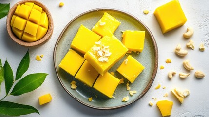 Poster - Top-down view of traditional mango burfi pieces on vintage-style plate over neutral surface