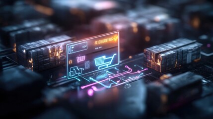 Poster - digital shopping experience virtual marketplace graphic design futuristic environment close-up view 