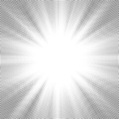 Leinwandbilder - Halftone gradient sun rays pattern. Abstract halftone vector dots background. monochrome dots pattern. Vector background in comic book style with sunburst rays and halftone. Retro pop art design.