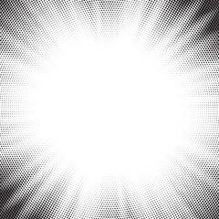 Leinwandbilder - Halftone gradient sun rays pattern. Abstract halftone vector dots background. monochrome dots pattern. Vector background in comic book style with sunburst rays and halftone. Retro pop art design.