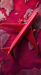 Poster - Red airplane model on textured crimson world map background, showcasing travel, global journey, and exploration concepts